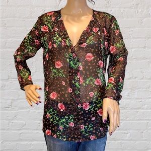 Women's Philosophy Sheer Black Pink Floral Mock Button Down Top Shirt Small EUC